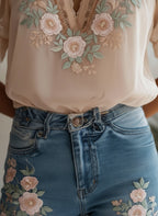 Elegant Floral Embroidered Sheer Lace Blouse - V-Neck Puff Sleeve Top