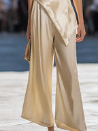 Asymmetrical Draped Satin Cami & Wide-Leg Two-Piece Set