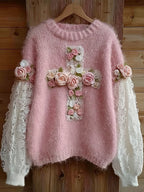 Pink Roses Cross Embroidered Lace Patchwork Cozy Sweater