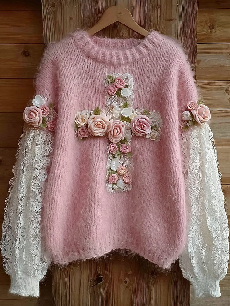 Pink Roses Cross Embroidered Lace Patchwork Cozy Sweater