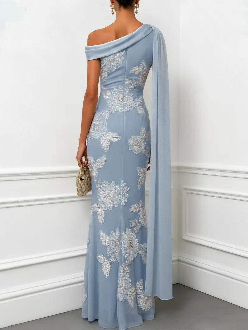 Light Blue 3D Floral Classic One Shoulder Sleeveless Mermaid Floor-length Gown Dress