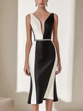 Black and White Satin Dress with Crystal Waist Detail