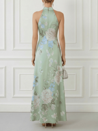 Light Green Floral Satin Mock Neck Sleeveless A-Line Maxi Dress