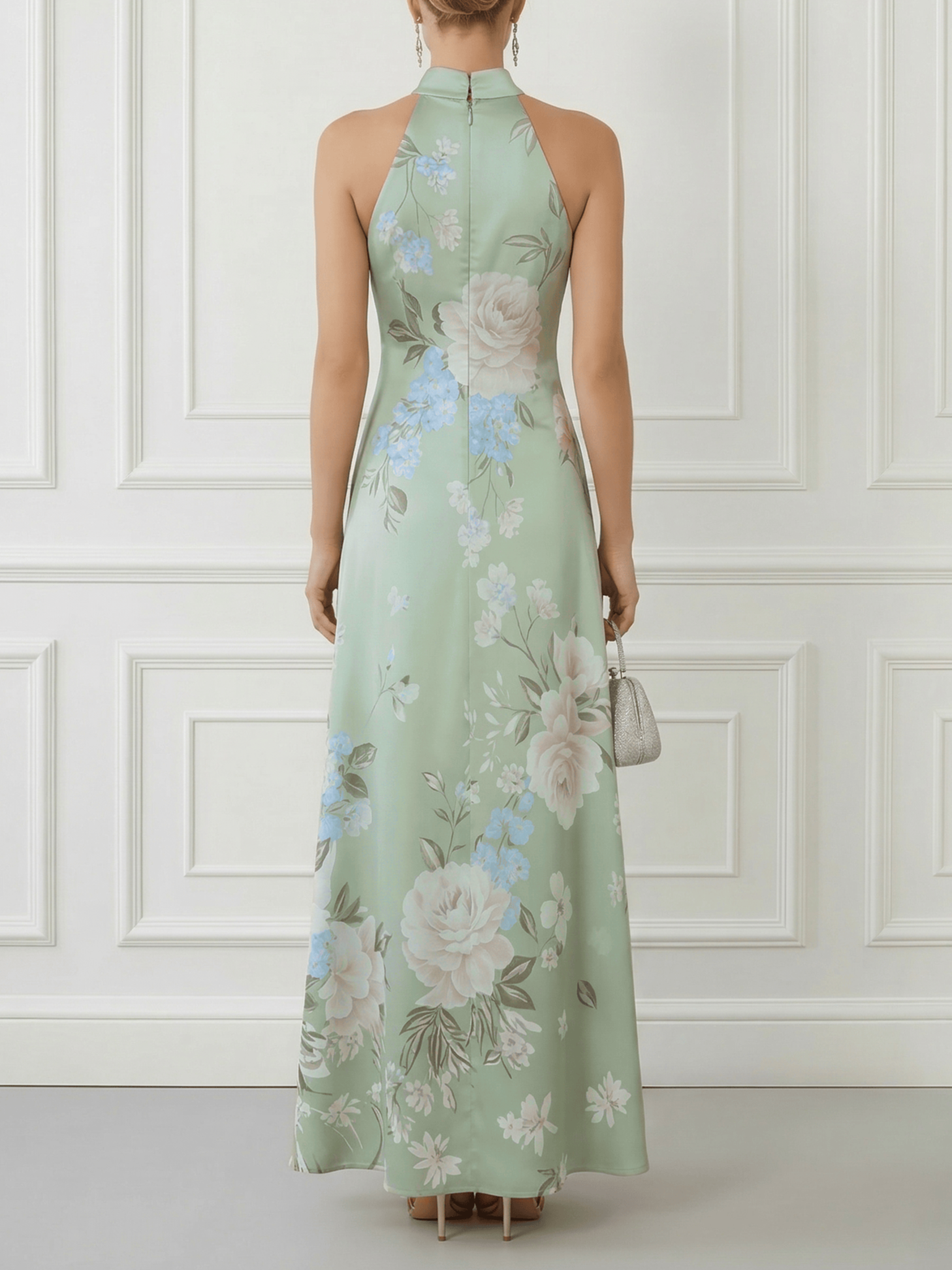 Light Green Floral Satin Mock Neck Sleeveless A-Line Maxi Dress