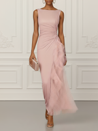 Pink Mesh Ruched Knit Boat Neck Sleeveless Sheath Maxi Dress