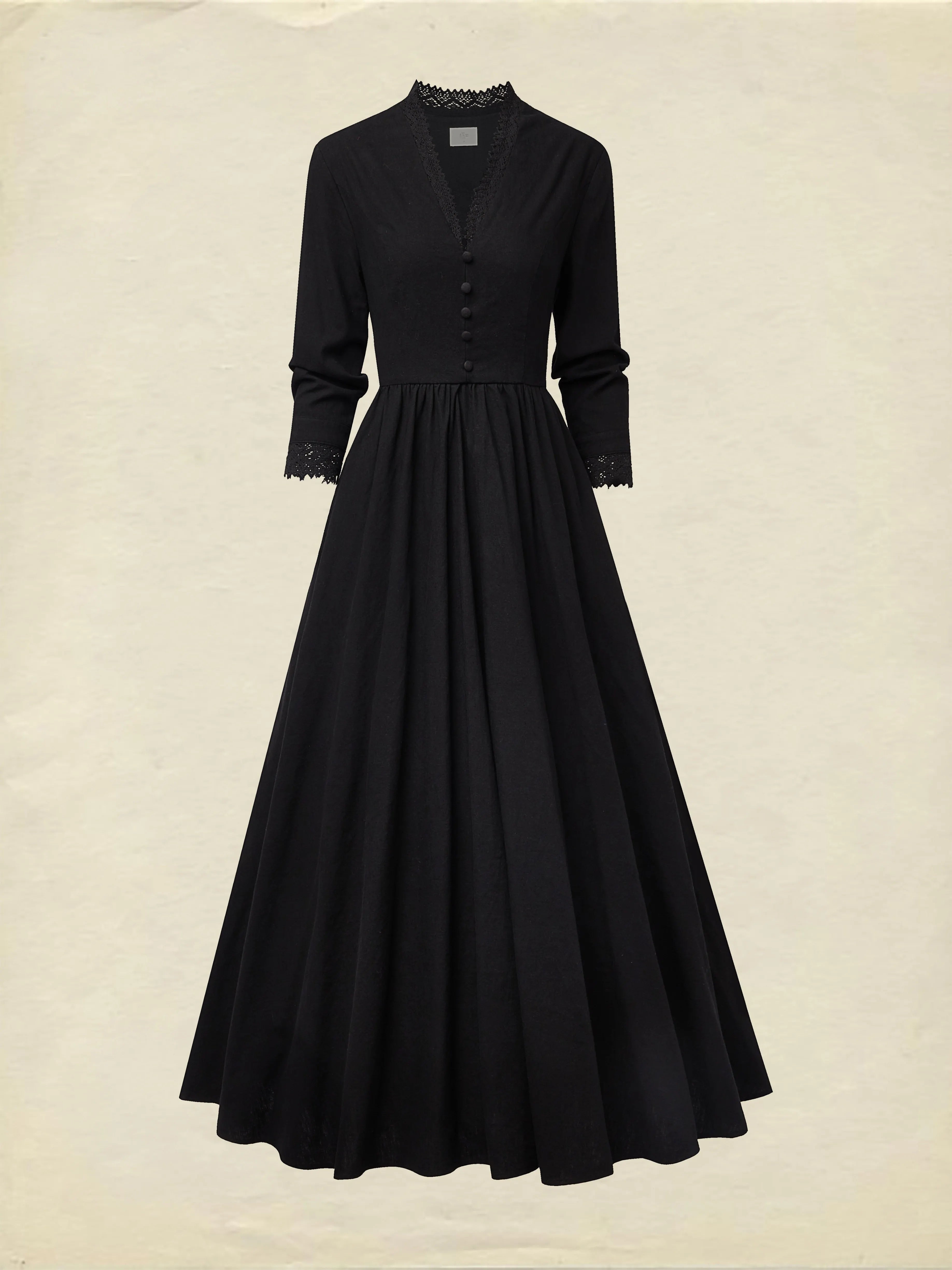 Maxi Linen Dress, Half Sleeve, V Neck, Plain, Button Design, Vintage, Black