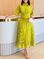 Floral Cutwork Lace Crop Top & Midi Skirt Two Piece Set