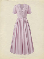 Cotton Maxi Dress, Short Sleeve, V neck, Plain, Vintage, Purple