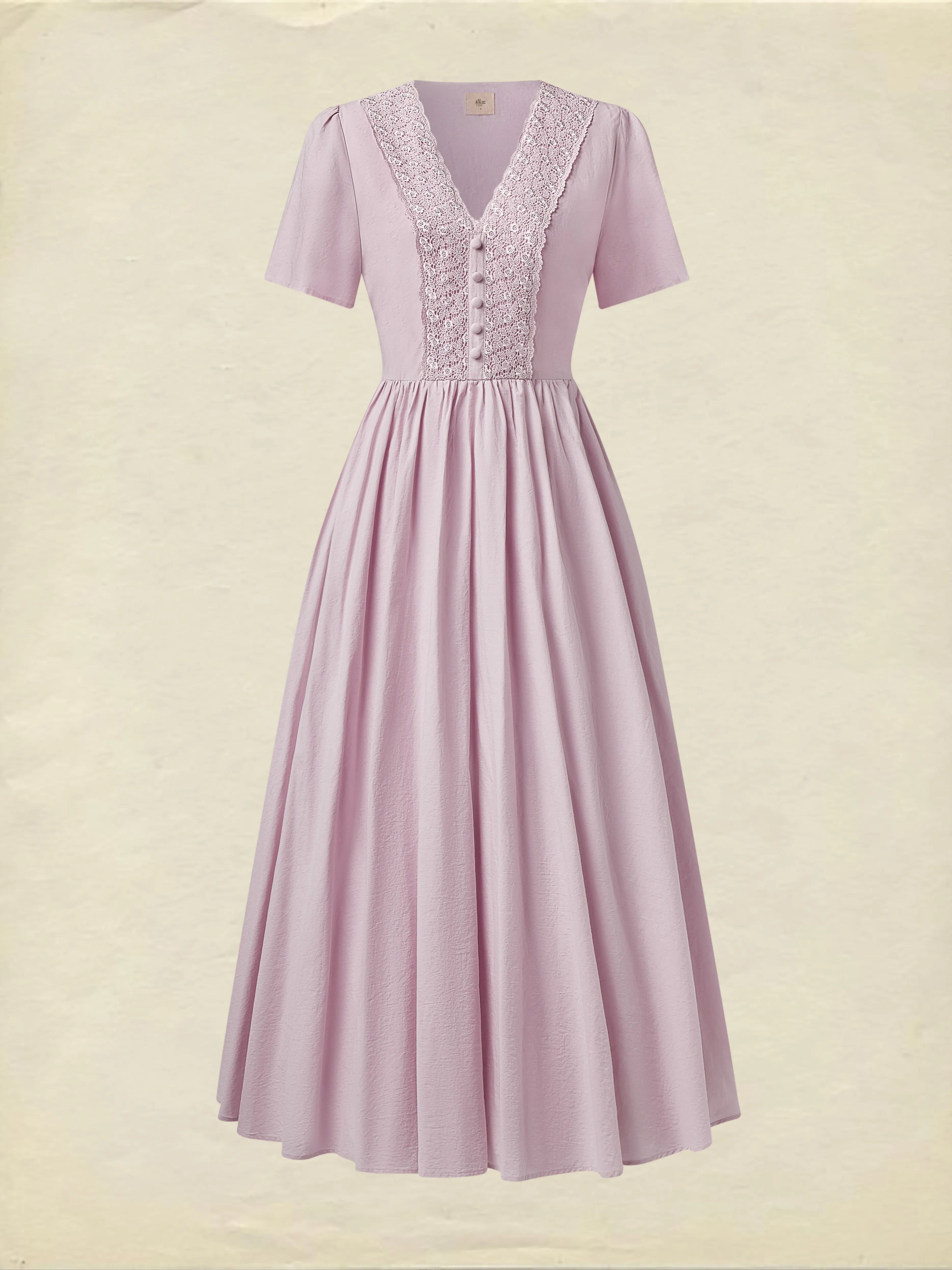 Cotton Maxi Dress, Short Sleeve, V neck, Plain, Vintage, Purple