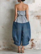 Striped Denim Strapless Wide-Leg Jumpsuit