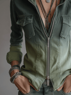 Casual Green Gradient Workwear Pocket Denim Zip-Up Shirt
