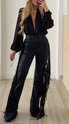 Black Fringe Faux Leather Flare Pants