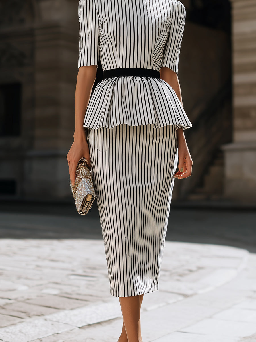 Striped Peplum Top And Pencil Skirt Set