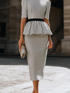 Striped Peplum Top And Pencil Skirt Set