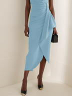 Light Blue Ruched Asymmetric Classic Cowl Neck Cap Sleeve Sheath Midi Dress