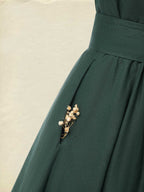 Midi Linen Dress , Half Sleeve, Sweetheart Neck, Plain, Vintage, Deep Green