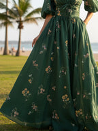 Maxi Linen Dress, Half Sleeve, V Neck, Floral, Bow, Vintage, Green