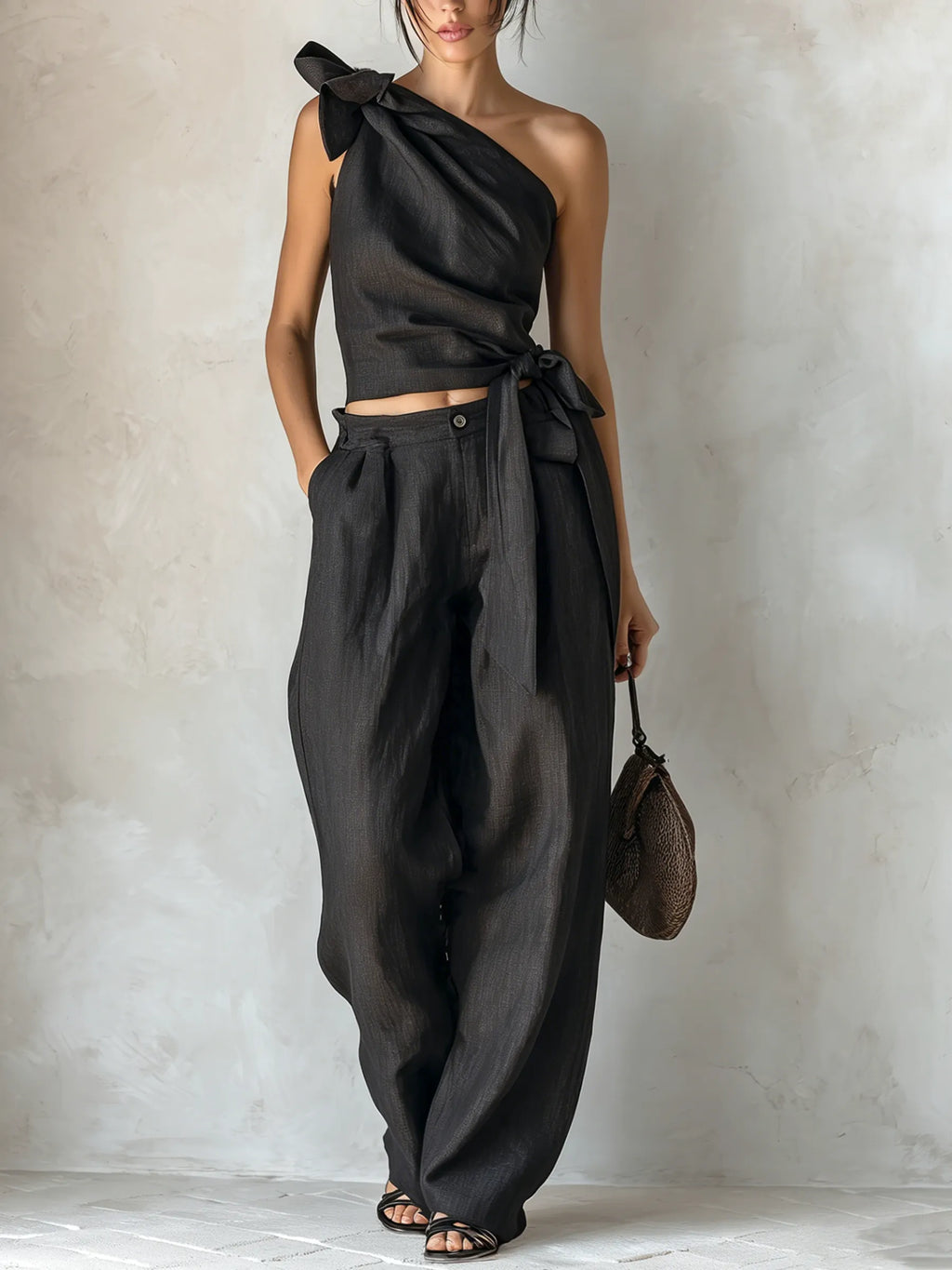 Black Linen-Blend One-Shoulder Bow Top & Wide-Leg Pants Two-Piece Set