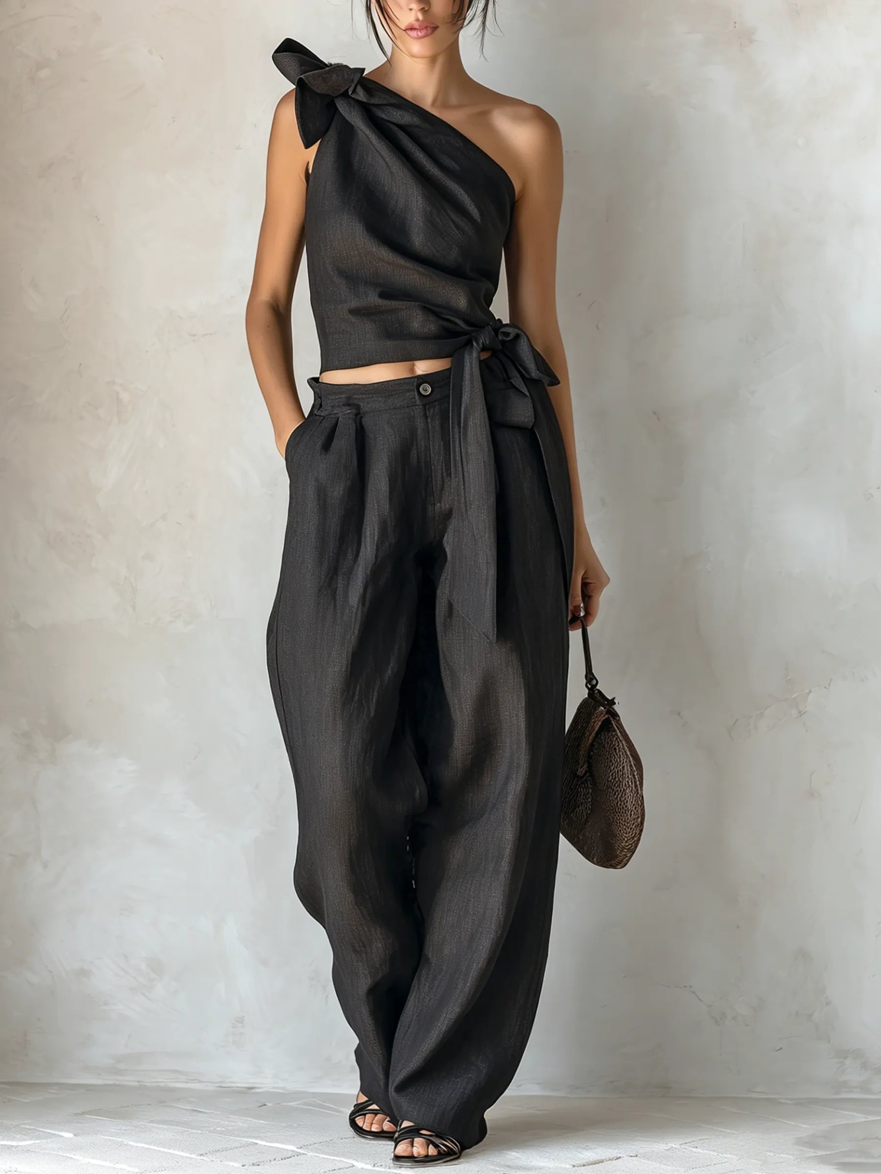 Black Linen-Blend One-Shoulder Bow Top & Wide-Leg Pants Two-Piece Set