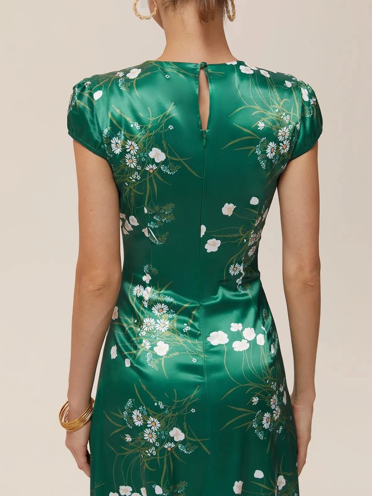 Green Slit Floral Satin Crew Neck Cap Sleeve A-Line Maxi Dress