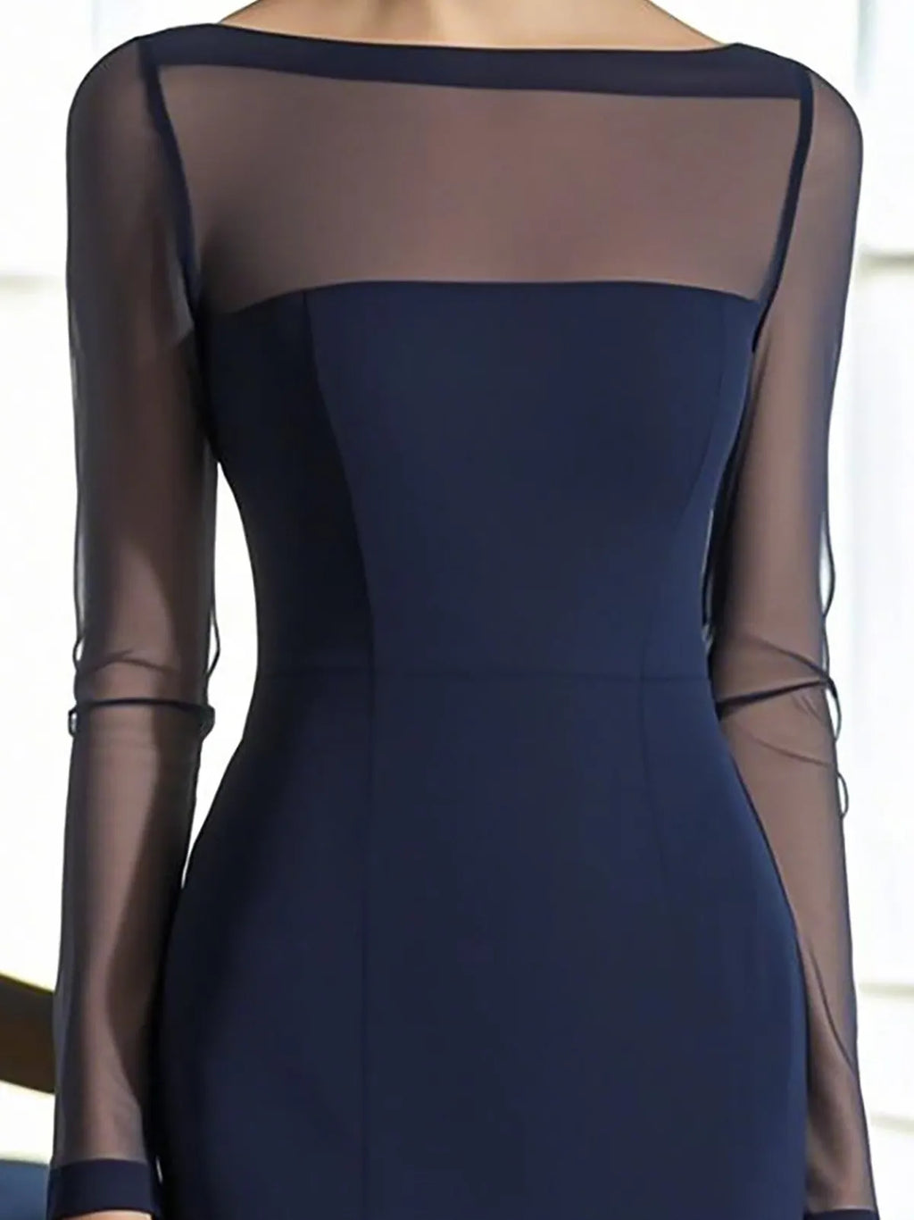 Elegant Navy Blue Fitted Dress with Mesh Sleeves