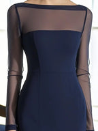 Elegant Navy Blue Fitted Dress with Mesh Sleeves
