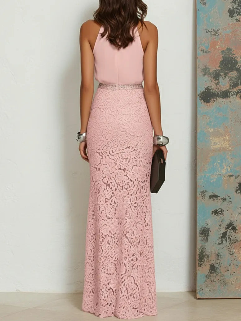 Pink Rhinestone Ruched Lace Halter Crew Neck Sleeveless Mermaid Floor-length Gown Dress