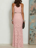 Pink Rhinestone Ruched Lace Halter Crew Neck Sleeveless Mermaid Floor-length Gown Dress