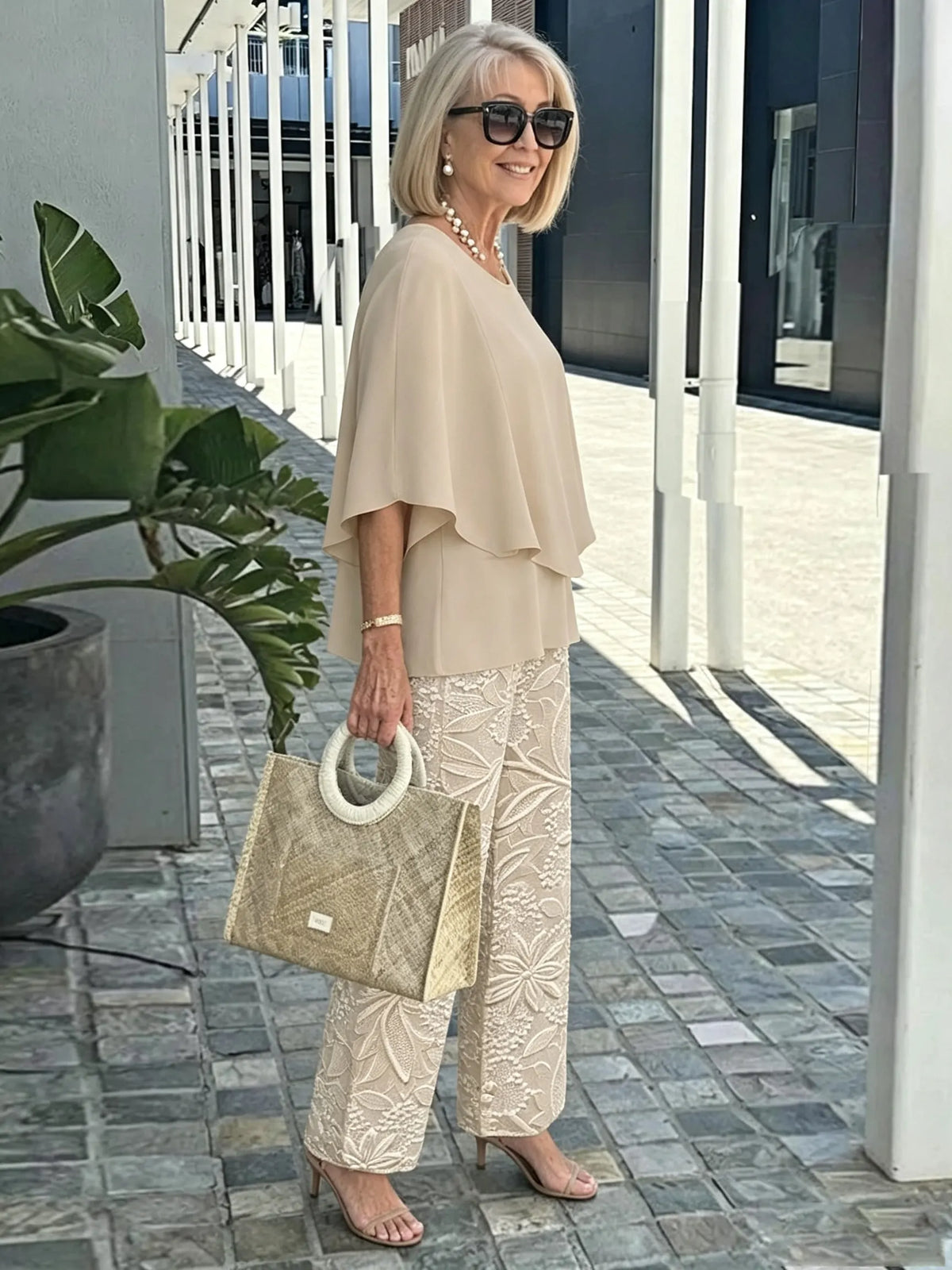 Women's 2 Piece Outfits Set, Crew Neck Flutter Sleeve Layered Blouse & Leaf Print Straight Leg Pants, Casual Loose Matching Two Piece Set for Summer Daily Wear