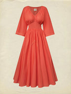 Maxi Cotton Dress, Half Sleeve, V Neck, Plain, Lace, Vacation, Vintage, Light Orange