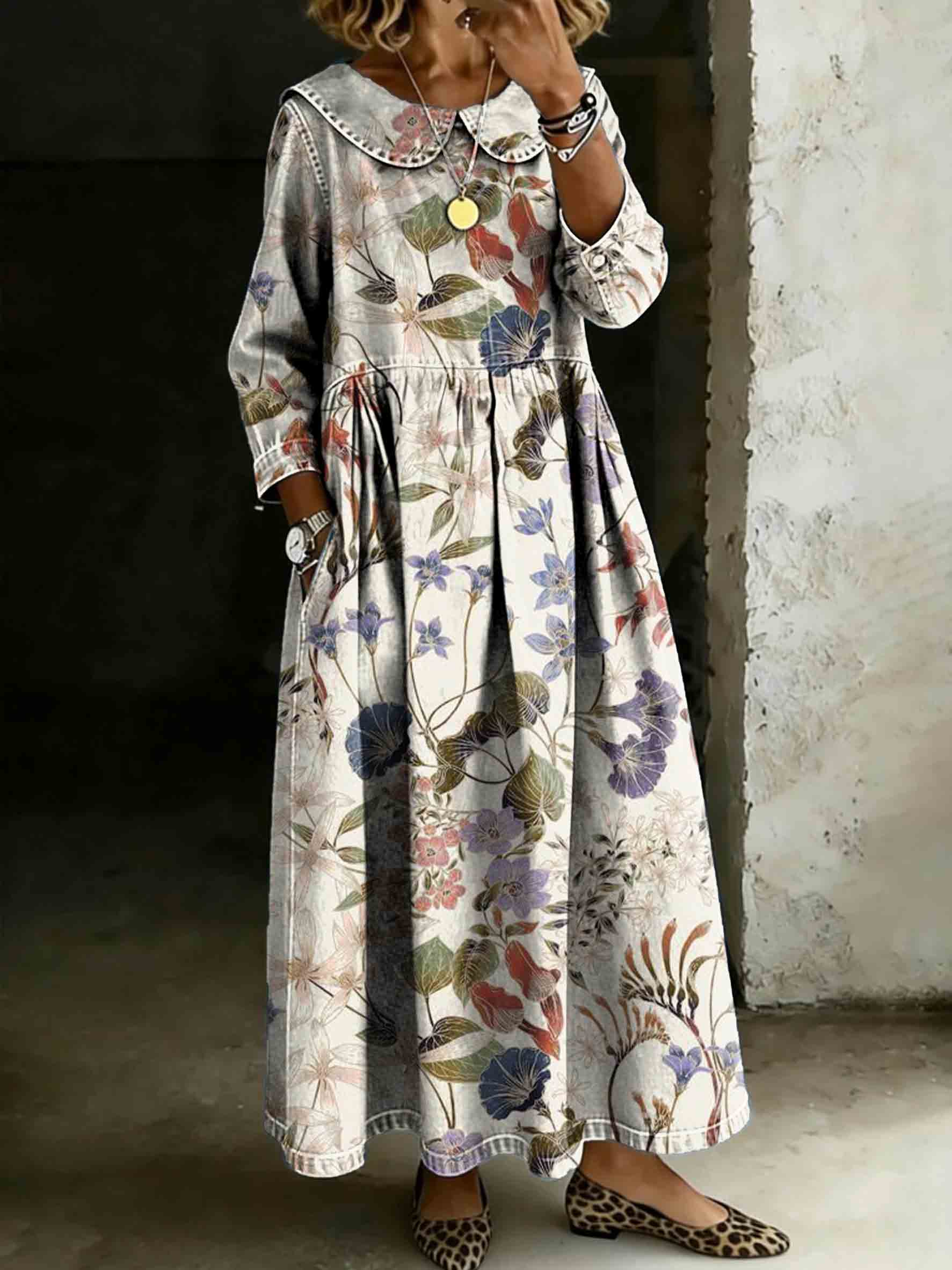 Women's Vintage Colorful Floral Art Print Lapel Collar Pleated Long Sleeve Casual Loose Denim Dress