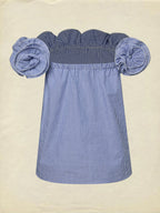 Linen Blouse, Sleeveless, Off The Shoulder, Striped, 3D Floral, French Vintage, Blue