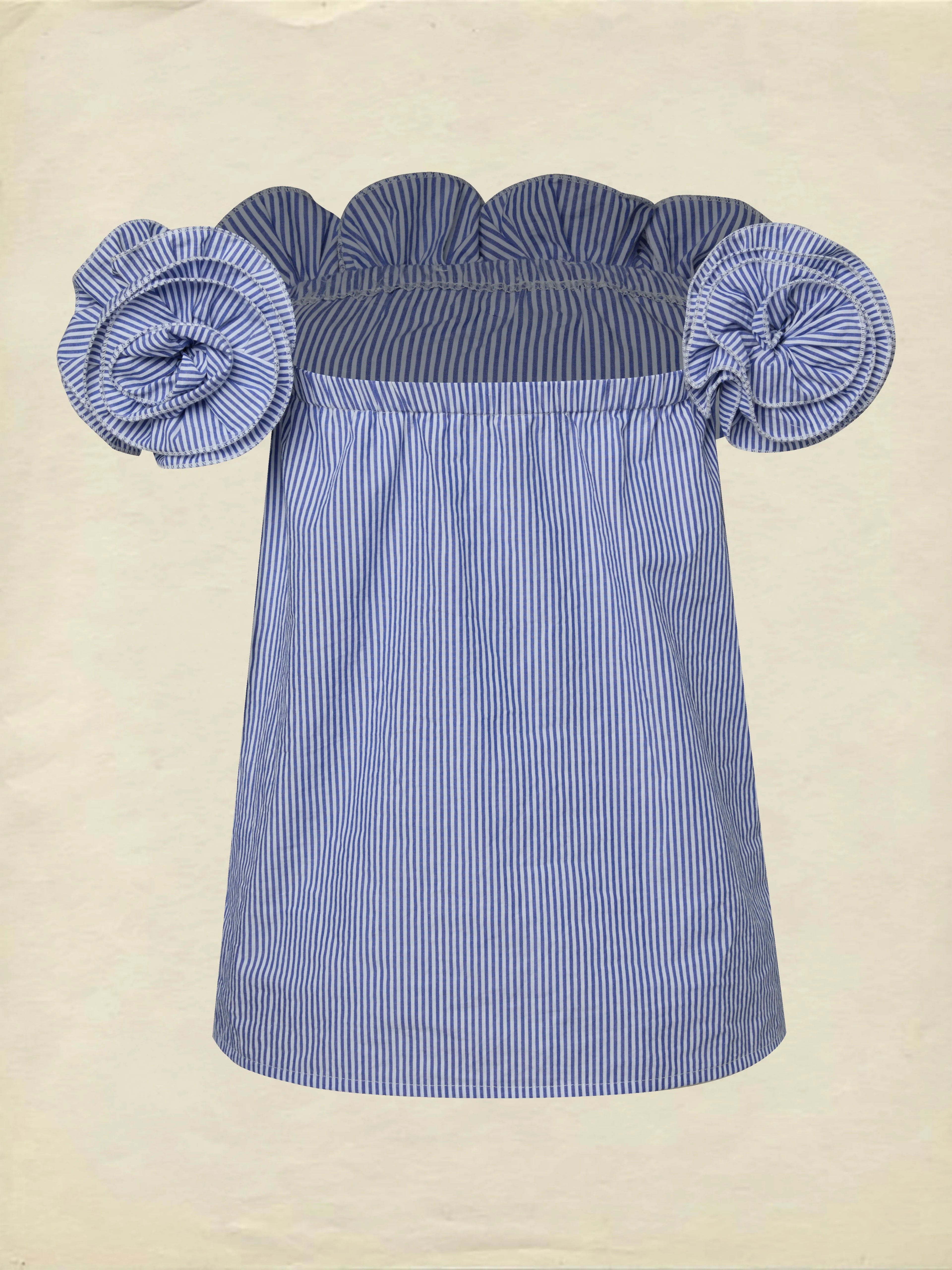 Linen Blouse, Sleeveless, Off The Shoulder, Striped, 3D Floral, French Vintage, Blue