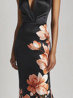 Chic Black Satin Halter Neck Dress with Single-Sided Floral