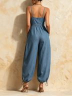Blue Denim V-Neck Harem Jumpsuit | Adjustable Hem Casual Boho Style