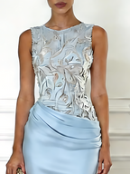 Blue  Embroidery Satin Crew Neck Sleeveless Sheath Gown Dress
