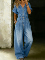 Women's Fashionable V-neck Button-down High-waisted Wide-leg Denim Jumpsuit