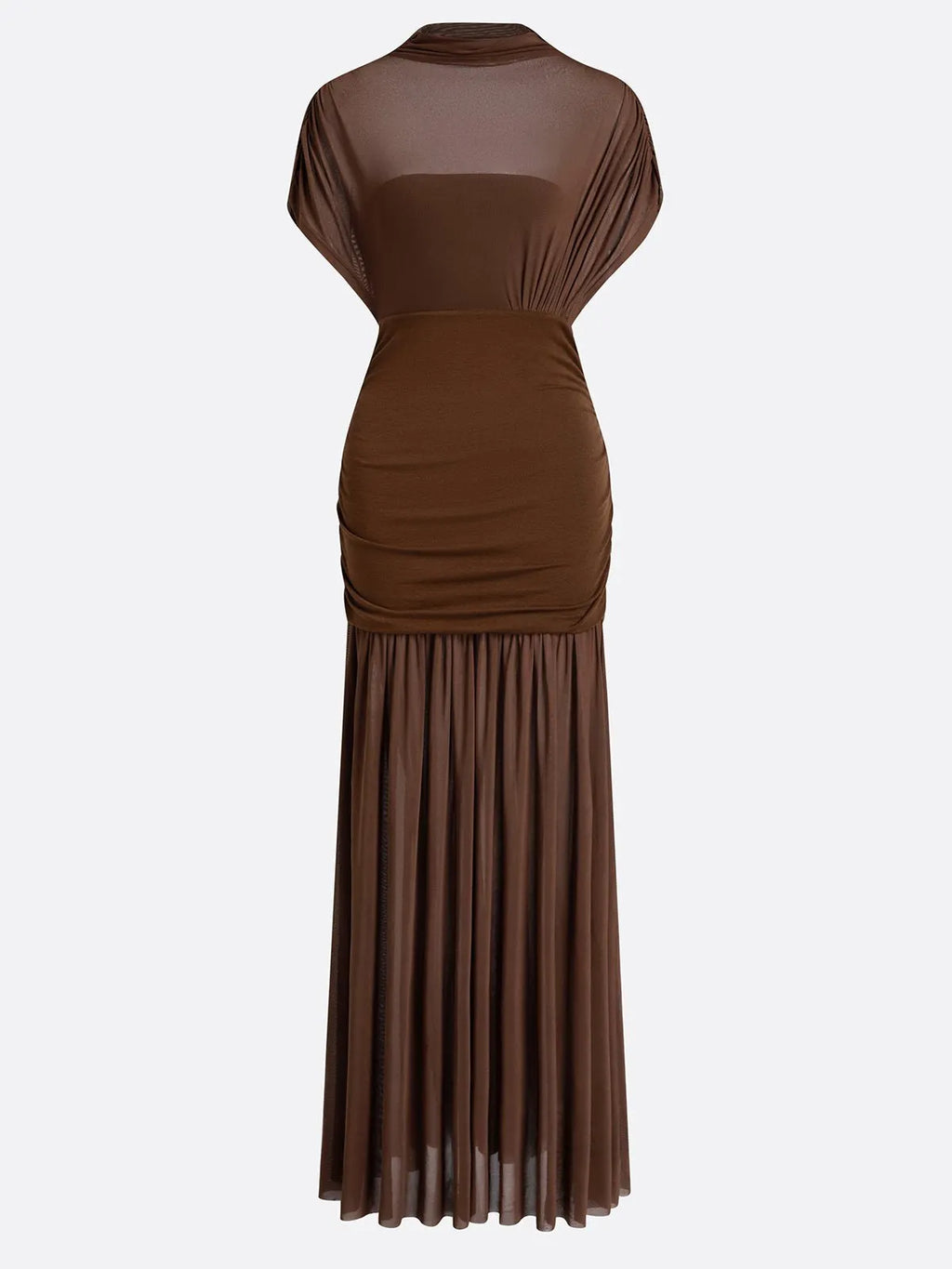 Brown Wool Lyocell Ruched Mesh Knit Mock Neck Sleeveless A-Line Maxi Dress
