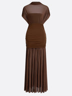 Brown Wool Lyocell Ruched Mesh Knit Mock Neck Sleeveless A-Line Maxi Dress