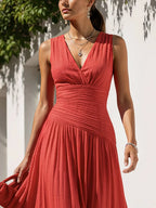 Maxi Linen Dress, Sleeveless, V Neck, Plain, French Vintage, Red