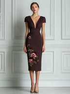 Deep V-Neck Embroidered Rose Fitted Midi Dress