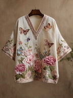 Cozy Pink Floral Butterfly Embroidery Short Sleeve Linen Three-quarter Sleeves Shirt