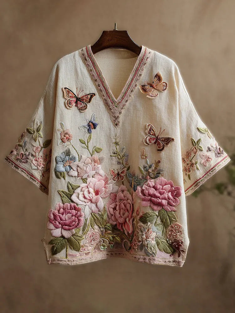 Cozy Pink Floral Butterfly Embroidery Short Sleeve Linen Three-quarter Sleeves Shirt