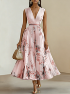 White Pleated Floral Chiffon V Neck Sleeveless A-Line Midi Dress