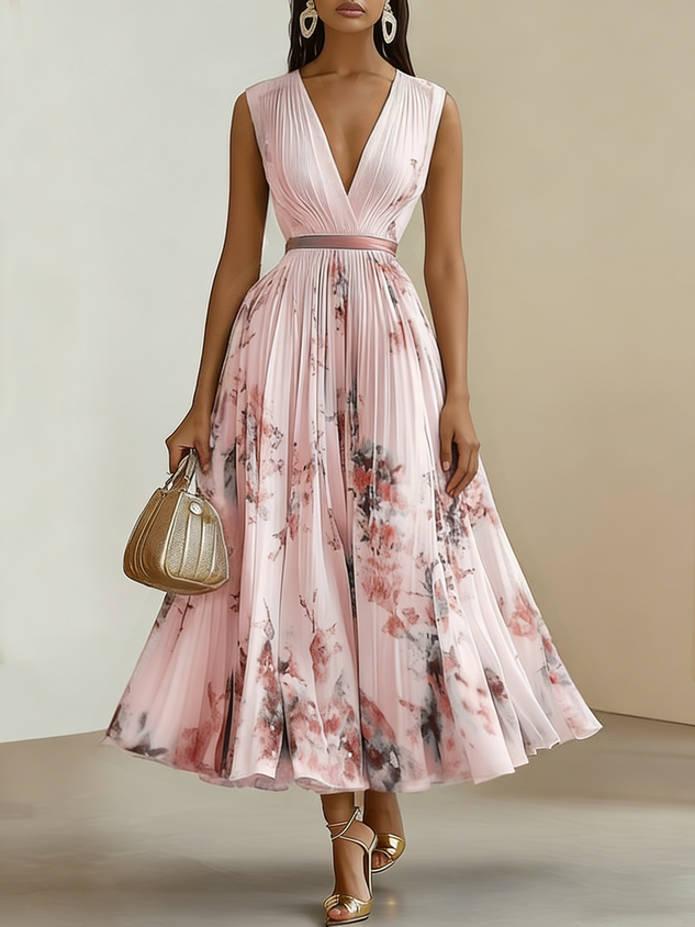 White Pleated Floral Chiffon V Neck Sleeveless A-Line Midi Dress