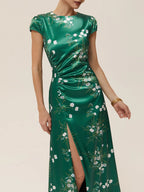 Green Slit Floral Satin Crew Neck Cap Sleeve A-Line Maxi Dress