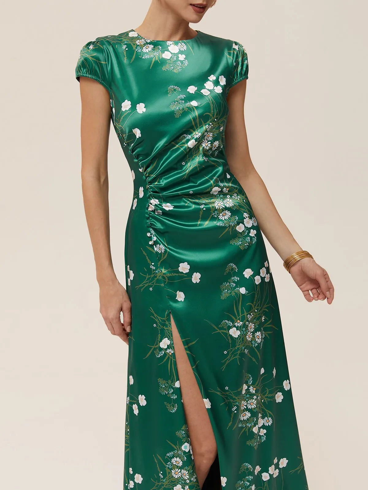 Green Slit Floral Satin Crew Neck Cap Sleeve A-Line Maxi Dress