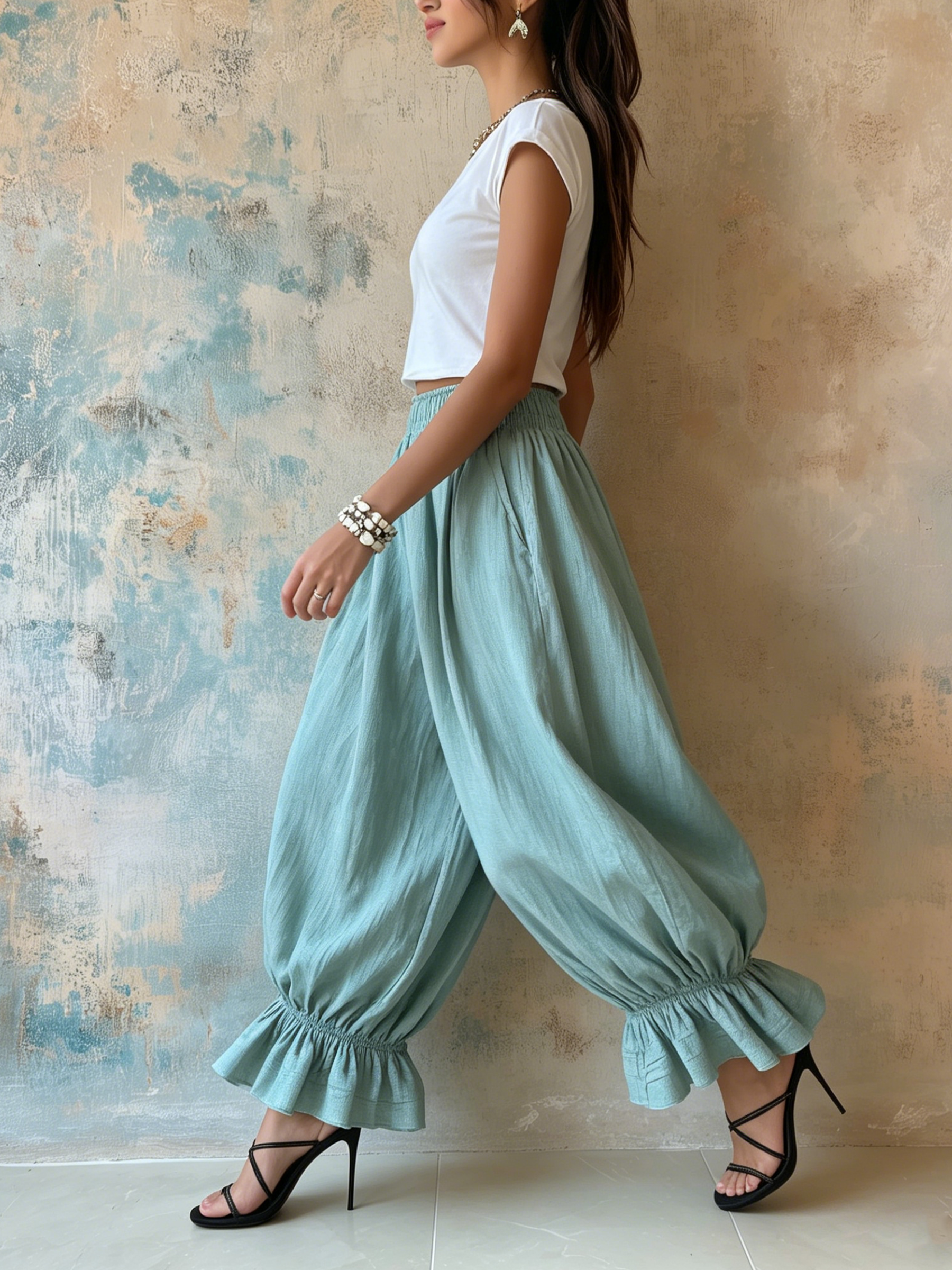 Boho Ruffle Hem Elastic Waist Harem Pants | Relaxed Fit Casual Linen Trousers