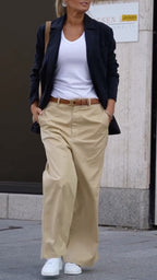 Navy Blazer & Khaki Wide‐Leg Trousers Matching Set
