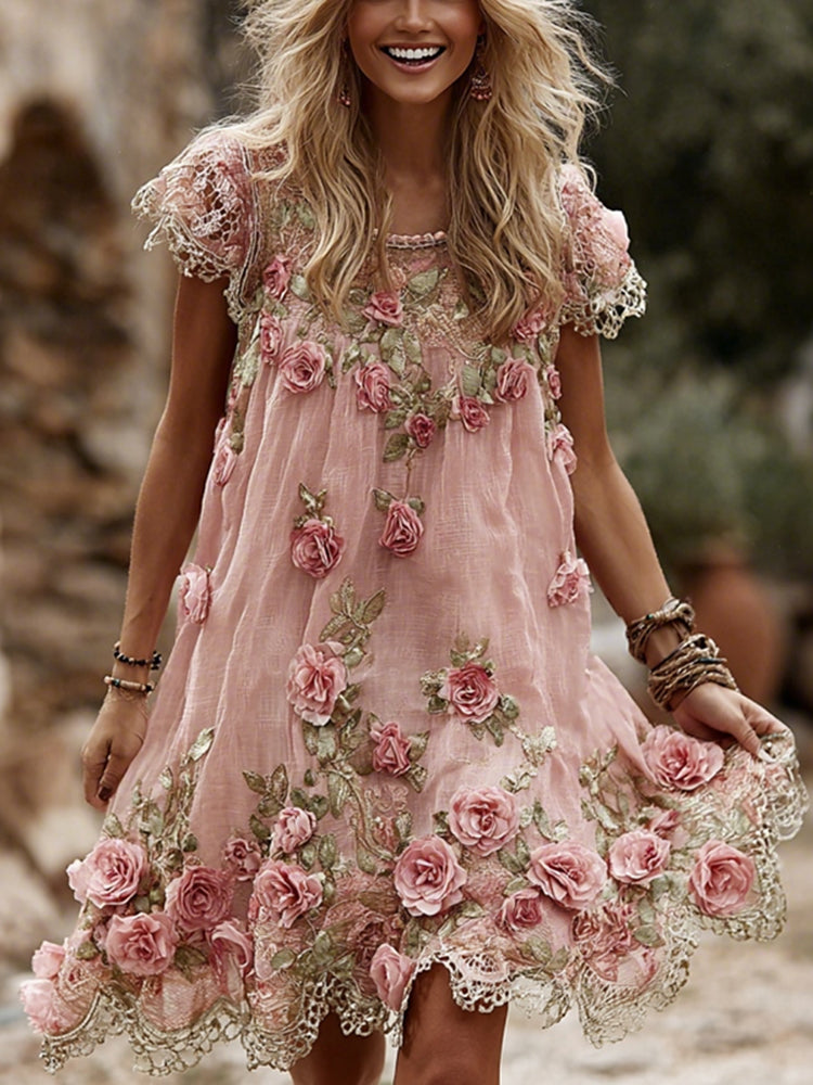 Women's Vintage Roses Lace Art  Flowy Linen Blend Casual Short Sleeve Mini Dress